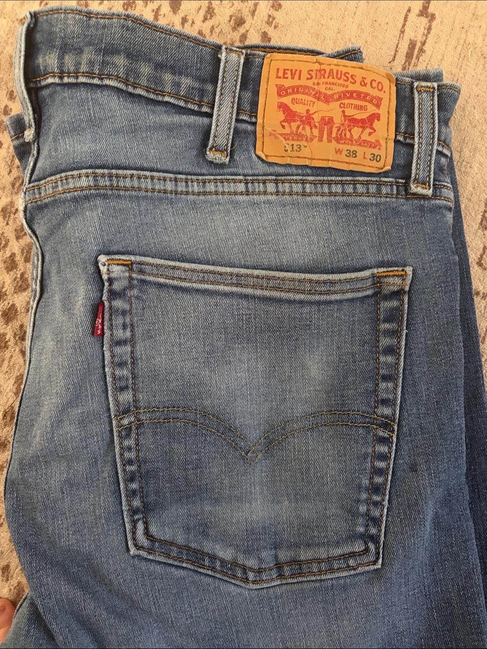 Levi's Light Blue Denim Jeans with Tan Leather Patch 513 jeans 38x30